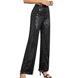 qbjgr Women's High Waist Glitter Sequins Wide Leg Stretch Loose Nightclub Club Casual Pants (Large, Black)