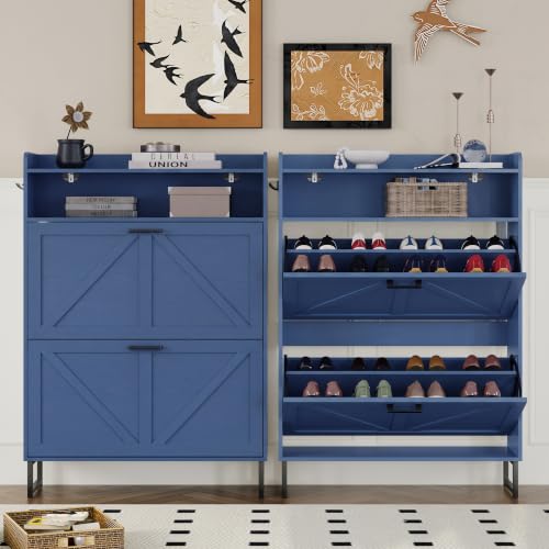 Image of BORNOON Shoe Cabinet with 2 Flip Drawers Narrow Shoe Storage Cabinet Organizer Wooden Freestanding Rack Hidden Slim Storage for Entryway, Hallway, Living Room, Bedroom