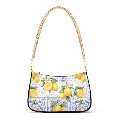 Image of Shoulder Bags for Women Vintage Yellow Lemon Fruit and Blue Print Hobo Tote Handbag Small Clutch Purse with Zipper Closure
