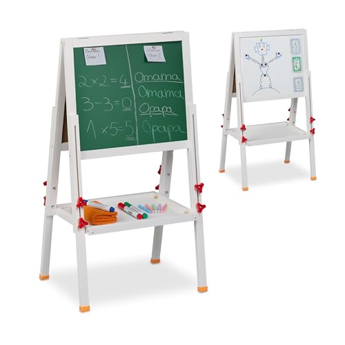 Relaxdays Pizarra Infantil Caballete, Altura Regulable, Magnética, Rotuladores y Tizas, 81-104x45x42 cm, Madera, Blanco
