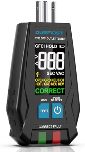 GFCI Outlet Tester, DURFICST Electrical Outlet Tester with 1.7'' High Definition LCD Display, Standard 3-Wire 120V Receptacle Tester, Detects Common Home and Office Wiring Problems