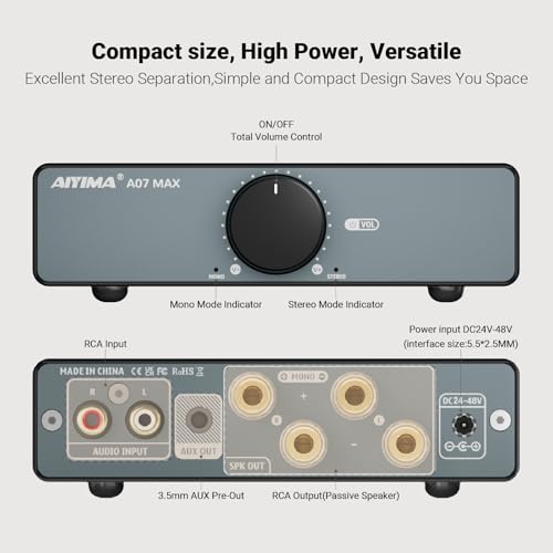 Amplificateur AIYIMA A07 MAX 2 Canaux Audio Domestique 300W*2 Amplificateur de Puissance Classe D TPA3255 Mono Stéréo Pontable avec Sortie Ligne 3,5 mm pour Enceintes de Bureau Passives + Adaptateur Secteur DC 36V