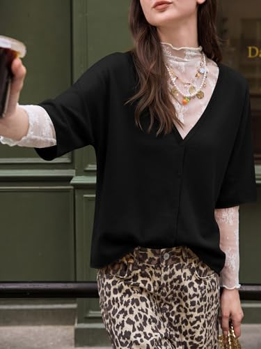 Image of Saodimallsu Womens V Neck Half Sleeve Cardigan Sweaters Summer Knit Tops | Oversized Fit, Button Down, Batwing Sleeve, Soft Lightweight Knitted Fabric, Trendy Casual Style, Summer Fall Outfits