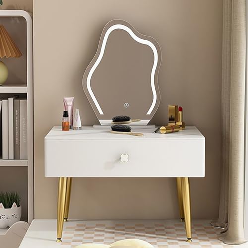 Mesa blanca con cajón y espejo, escritorio de maquillaje para dormitorio, elegante estación de maquillaje con patas de 60 cm, perfecta para decoración y decoración de cosméticos