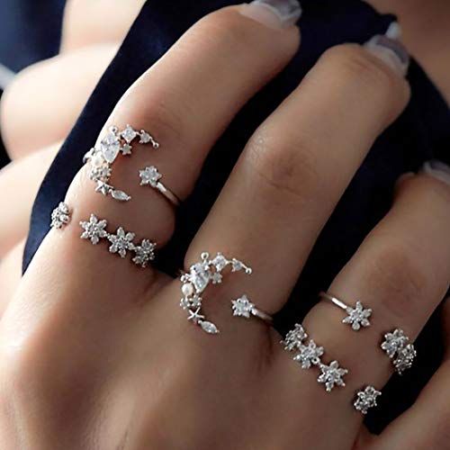 Twinklede Boho Finger Ring Set Silver Crystal Joint Knuckle Rings Adjustable Moon Star Stackable Ring for Women and Girls (Pack of 5)