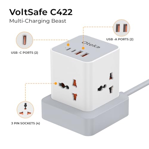 Image of OTEK VoltSafe C422 Extension Board with 4 Universal Sockets, 2 USB & 2 Type-C Fast Charging Ports, 2 Meter Cord, 2500W, 10A, Surge Protector, Power Strip for Home & Office