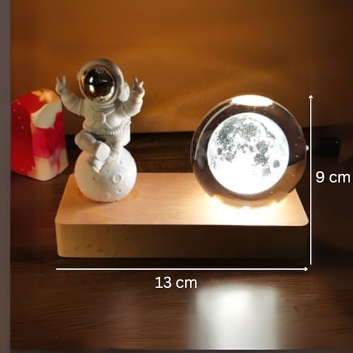 Image of One94Store 3D Crystal Moon Lamp - Engraved LED Light with Astronaut, USB-Powered Table Lamp, Wooden Base, Romantic Home & Office Decor, Bedroom, Anniversary, Birthday Gift (Warm White)