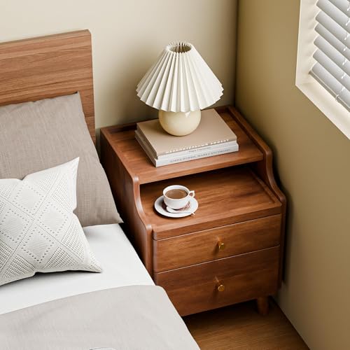 Image of Nightstand with Drawers, Pre-Assembled, 19.7 inch H Natural Solid Wood Night Stand with Open Sliding Shelf, Mid Century Modern Small Bedside Table Cabinet for Bedroom, Walnut, 16 inch