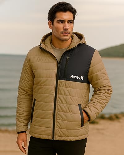 Image of Hurley Mens Puffer Jacket - Lightweight Packable Insulated Winter Coat for Men - Weather Resistant Quilted Outdoor Jacket