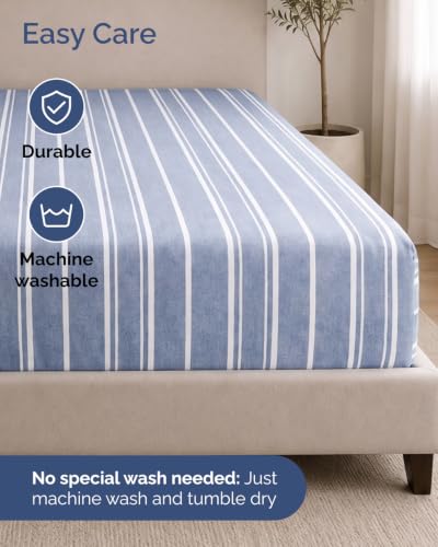 Image of Extra Deep Flex Top Split Head King Fitted Sheet - Hotel Luxury Single Fitted Sheet Only - Easily Fits 18 inch to 24 inch Mattress - Ultra Soft, Wrinkle Free w /Extra Deep Pockets - Blue Stripes 3