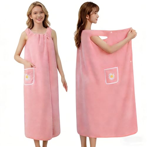 HUANYO Women's Bathrobe Dress - Wrap Around Bath Towel Dress with Adjustable Straps, Soft & Quick Dry Microfiber, for Spa, Beach, After Shower, Hotel and Travel Use (pink)