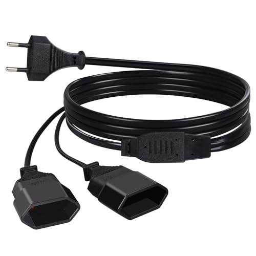 AXFEE rallonges d'alimentation, 2m 2 en 1 Câble d'extension de Prise d'extension EU, 0,75 mm² Max. 2.5A/250V Fiche Euro vers Prise Euro pour Ordinateur, TV, PC, Noir