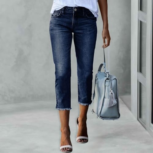 Capri Jeans for Women Stretch High Waisted Straight Leg Cropped Jeans Slim Fit Distressed Raw Hem Denim Capri Pants2