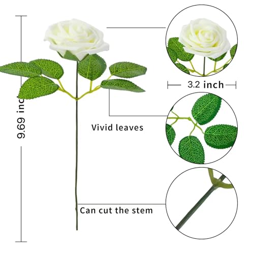 25Pcs Artificial Flowers Rose, Real Looking White Foam Fake Roses with Stems for DIY Wedding Bouquets Bridal Shower and Floral Arrangements Party Tables Home Decorations (White) image 2