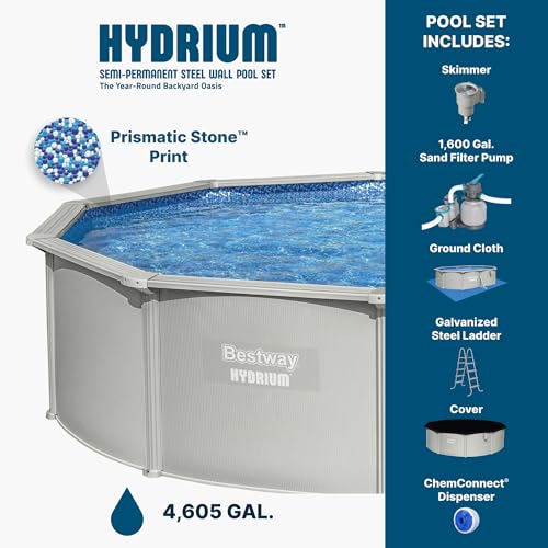 Image of Bestway Hydrium 15' x 48 inch Above Ground Pool, Round Steel Side Wall Frame Outdoor Swimming Pool Set with Sand Filter Pump, Ladder & Accessories