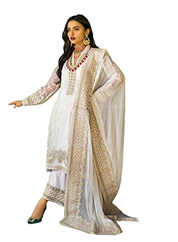 Indian Pakistan Traditional Heavy Silk Embroidery Worked Salwar Kameez with Heavy Dupatta for Women 11761 (Cream, x-Large)