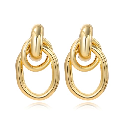 Chunky Gold Geometric Earrings for Women Statement Drop Dangle Circle Link Knot Earring Trendy Jewelry Christmas Gift for Women (Circle-2)