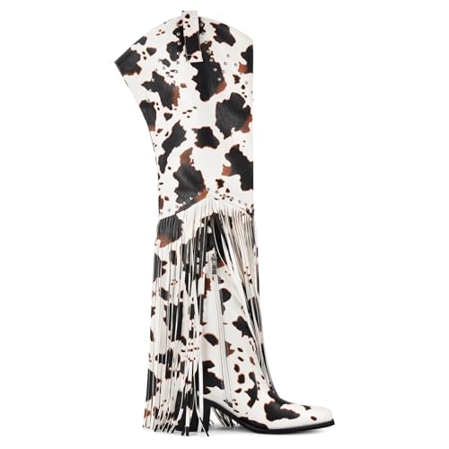 Image of richealnini Western Thigh High Cowboy Boots with Fringe Over Knee Wide Calf Cowgirl Boots