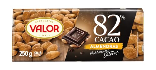Valor Chocolate Negro con Almendras Mediterráneas, 82% Cacao, 250 g | Chocolate 82% cacao y chocolate sin gluten, con almendras mediterráneas enteras y una textura crujiente