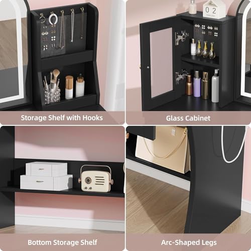 DWVO Makeup Vanity with Semicircle Mirror and Lights, Black Vanity Makeup Desk with Charging Station, Jewelry Storage Cabinet Shelves, Princess Style Vanity Table for Bedroom, 3 Lighting Modes