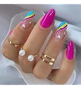 24 Pcs Press on Nails Medium,Lucoffeoi Almond Fake Nails with Nail Glue Almond and Square on Nail...