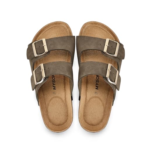 Image of mysoft Womens Flat Sandals Cork Footbed Slides with 2 Straps | Adjustable Buckle Slip On Comfortable Casual Light Weight Summer sandals