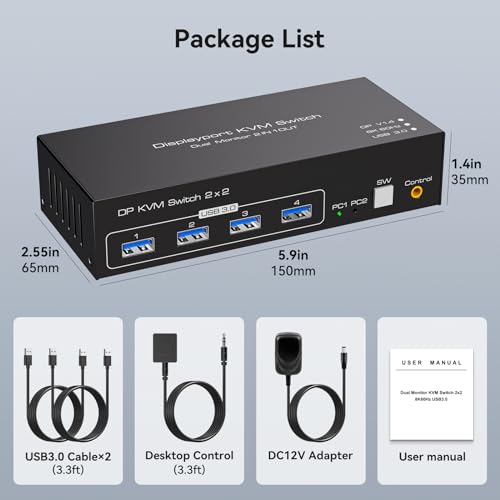 TJCXELE Displayport KVM Switch 2 Monitors 2 Computers 8K@60Hz/4K@120Hz USB 3.0 DP 1.4 KVM Switch for Two Computers Share Dual Displays and 4 USB Devices Support Extended & Copy Mode
