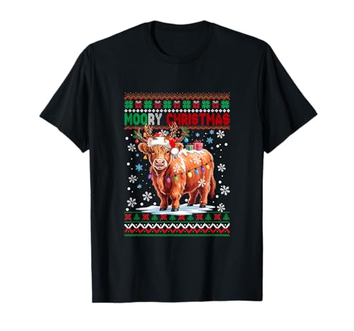 Merry Christmas Moo Santa Highland Cow Sweater Farmer T-Shirt