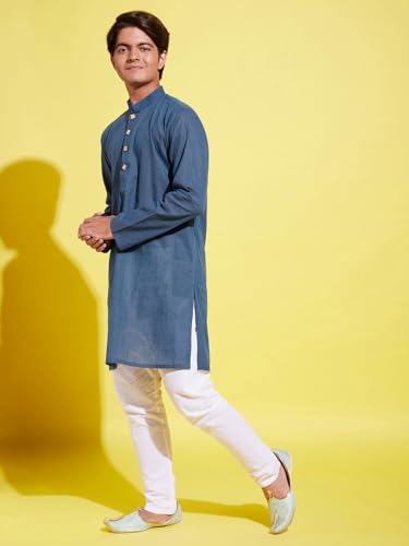 Image of VASTRAMAY Boys YUVA Boys' Midnight Blue and White Pure Cotton Kurta Pyjama Set