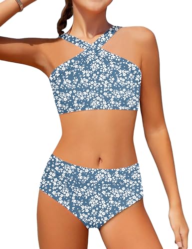 Image of Girls Swimsuits 2 Piece Bikinis Set Colorblock Bathing Suits Criss Cross Strap Girls' Swimwear