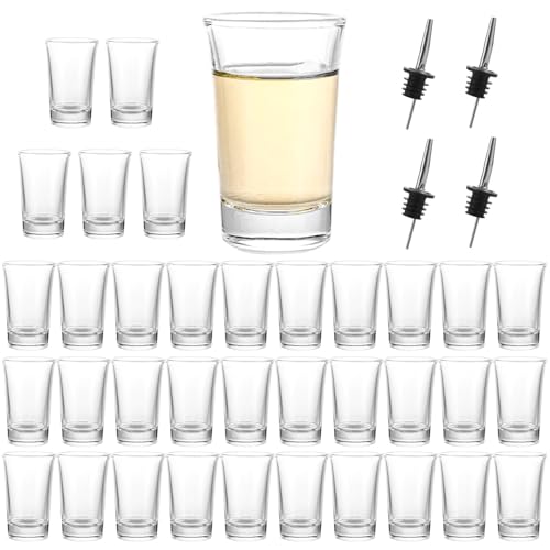 YAYODS 36 bicchieri da liquore da 5 cl, lavabili in lavastoviglie, riutilizzabili con 4 beccucci in acciaio inox, per liquori alle erbe, bismarck, vodka, tequila