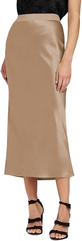 Gardenia Jasminoides Silk Satin Skirts for Women Midi Simple High Elastic Waist Swing Casual Dresses J02