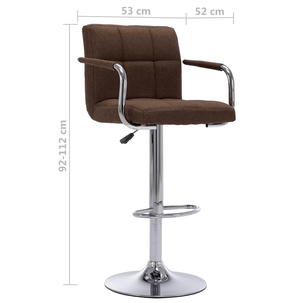 Taburete de bar de tela marrón con marco de acero cromado, altura regulable y giratoria, con reposapiés y respaldo, ideal para cocina, comedor, mostrador y zona de bar