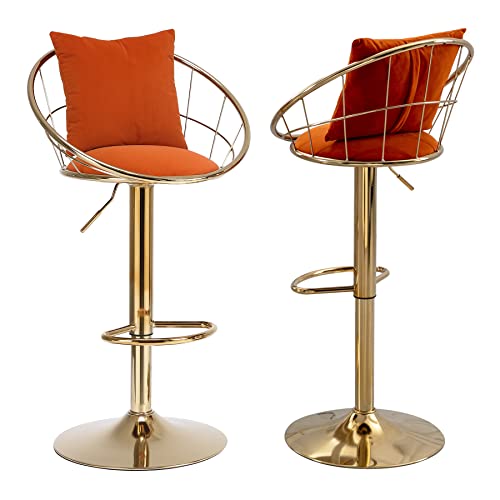Homtique Bar Stools Set Of 2, Velvet Counter Height Bar Stools With Back, Adjustable Height Barstools With Gold Base & Pillow, Swivel Bar Chairs For Kitchen Island, Dining Room,Pub (Orange) #TOP28