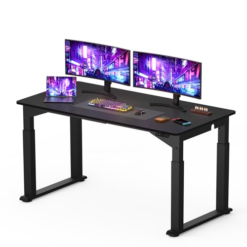 SANODESK QS2+140 * 70cm Dual Motors Standing Desk Height Adjustable Electric Sit Stand Up Desk with Splice Board, Black Frame + Black Desktop