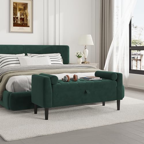 46.5 in Green Velvet Storage Ottoman Bench –Upholstered End-of-Bed Bench, Footrest Seat ,Multi-Functional Shoe Bench with Rolled Armrests & Wood Legs, for Entryway, Living Room, Bedroom & Ha