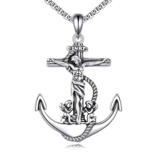 S925 Sterling Silver Men's Catholic Anchor Necklace - Religious Sailor Boat Pendant for Men - Christian Faith Jewelry Gift