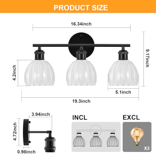 Image of Bathroom Light Fixtures, 3-Light Brushed Black Vanity Lights for Bathroom with White Tulip Glass Shade, 20 inch Vintage Bathroom Vanity Lighting Fixtures Over Mirror for Bedroom Living Room Hallway