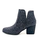 Not Rated Fiera High Heel V-Cut Boot, Sparkly Ankle Boots for Women with Almond Toe, Western Boots for Prom, Party & Weddings, Dress Shoe with 2-3/4' Stacked Block Heel, Black