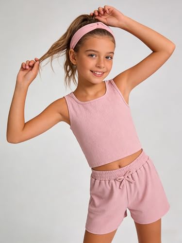 Image of Cakaner Tween Girls 2 Piece Outfit Set Summer Tank Top and Elastic Waist Shorts with Belt Size 7-14