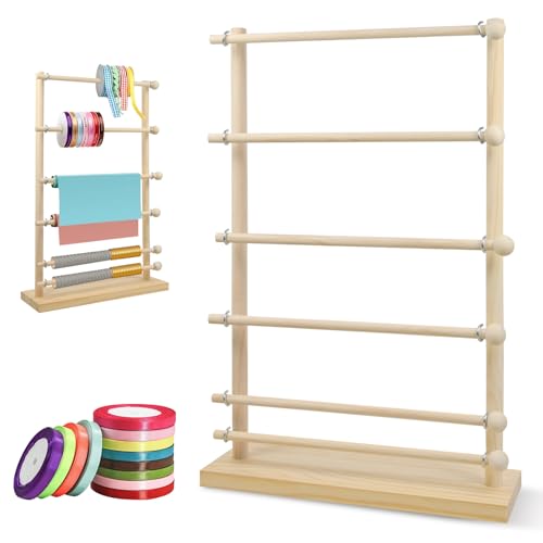 Image of ElasignShopo 6 Tier Wooden Ribbon Rack Large Ribbon Organizer Ribbon Storage Rack Ribbon Dispenser Ribbon Spool Holder for Sewing Craft Mesh Thread Tape Wreath Crochet Roll Craft Florist Wrapping Gift