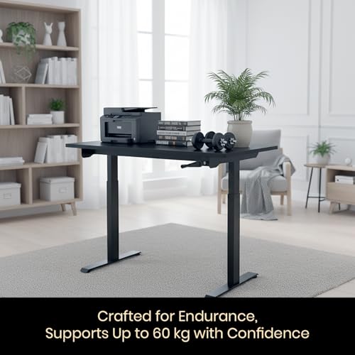 Image of Manual Hand Crank Standing Desk| Non Electric Height Adjustable Sit Stand Table| Ergonomic Workstation with Sturdy Steel| 25mm Walnut Top & Black Frame| Supports 60KG Weight| 3 Year Warranty
