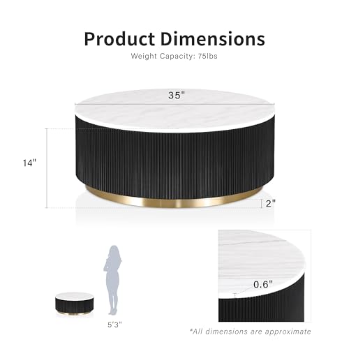 Image of Furniture of America Beryl Modern Round White Genuine Marble Top Coffee Table with Fluted Pedestal Base and Gold Stainless Steel Accent, Low Profile Table for Living Room, Home Office, Black