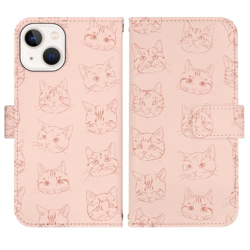 Advantage iPhone 15 スマホケース 手帳型 iPhoneケース PUレザー ピンク ネコ パターン 猫