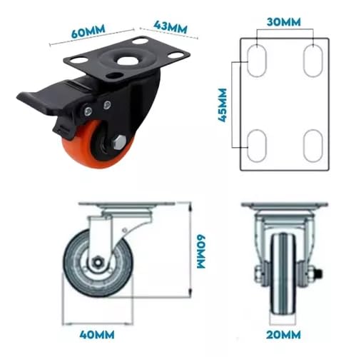 4 Rodizios Pvc Rodinha Moveis 50m C/Trava Laranja Giratorio