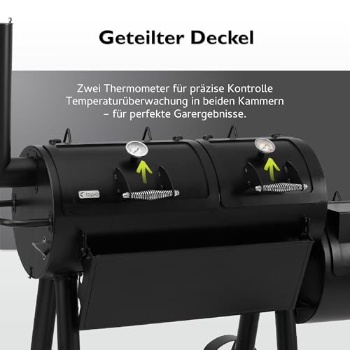 tepro Indianapolis 1146 Massiv Smoker – XXL‑Holzkohlegrill & Smoker mit ca. 97,5×44cm Hauptrost + ca. 48×43cm Seitenkammer, Thermometer, Ablagetisch & Rädern 5