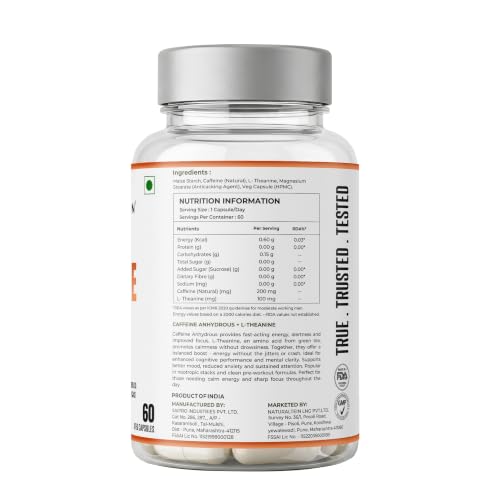 Image of NATURALTEIN Ultimate Caffeine with L-Theanine | 100mg Caffeine + 100mg L-Theanine | Energy, Focus & Alertness Support | 2-in-1 Formula | 60 Veg Capsules