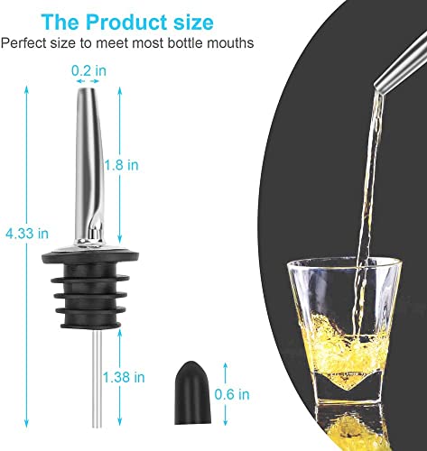 Image of Bar Box Stainless Steel Wine Liquor Bottle Pour Dispenser Tapered Spout Rubber Stopper (Fits Alcohol Bottles up to 1 L, Spirits, Syrup and Olive Oil) -6 Pcs Set with Pourer Caps