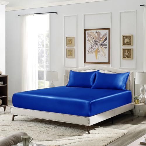 Image of SiinvdaBZX 3-Piece Set Satin Full Fitted Sheet & 2 Pillowcase, Royal Blue Silky Soft Fitted Bottom Sheet, Wrinkle Free, Fade Resistant, Deep Pocket Bed Sheet (Deep Up to 15 inch)