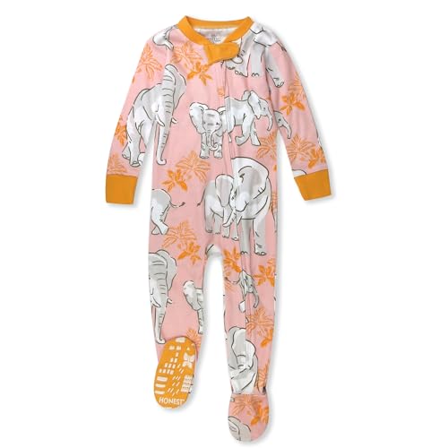 HonestBaby Non-Slip Footed Pajamas One-Piece Sleeper Zip-Front Pjs 100% Organic Cotton for Baby Girls, Boumbi Pink Elephant, 18 Months
